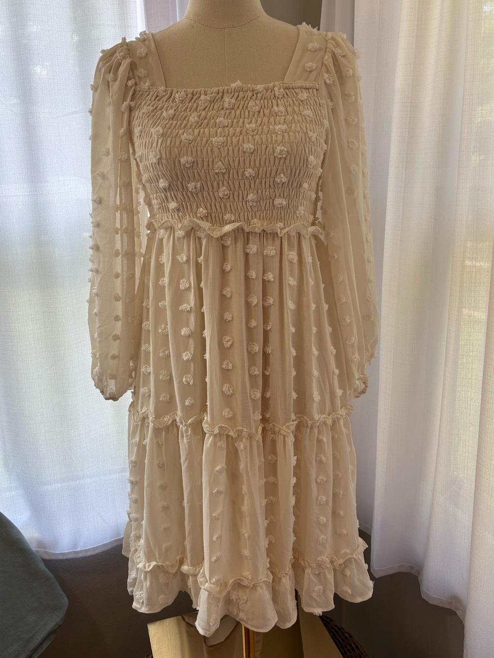 white birch Cream Swiss Dot Smocked Midi Dress with Puff Sleeves